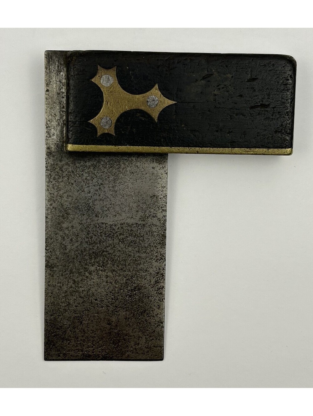 Antique 19thC Ebony Brass Woodworking Try Square Decorative Escutcheon Tool D-92